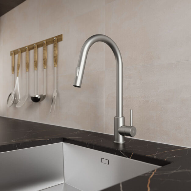 Bucătărie modernă cu baterie GME Round Crom pe chiuvetă pe blat bucatarie.