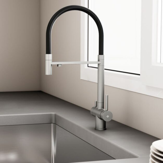 Baterie bucătărie bicoloră GME Osmosis Inox-Negru în ambient modern.