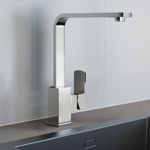 Bucătărie modernă cu baterie GME Quadra Crom pe chiuvetă de bucatarie.